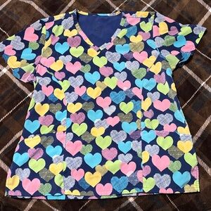 Colorful Heart Patterned V-Neck Scrub Top
